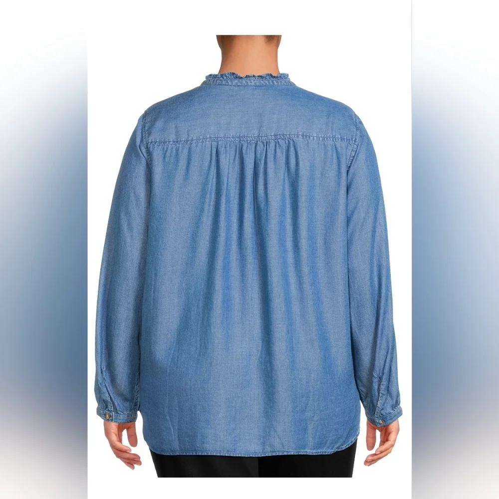 Terra & Sky NEW Ruffle Front Button Down Chambray Blouse Blue - Plus Size 3X - Picture 3 of 9